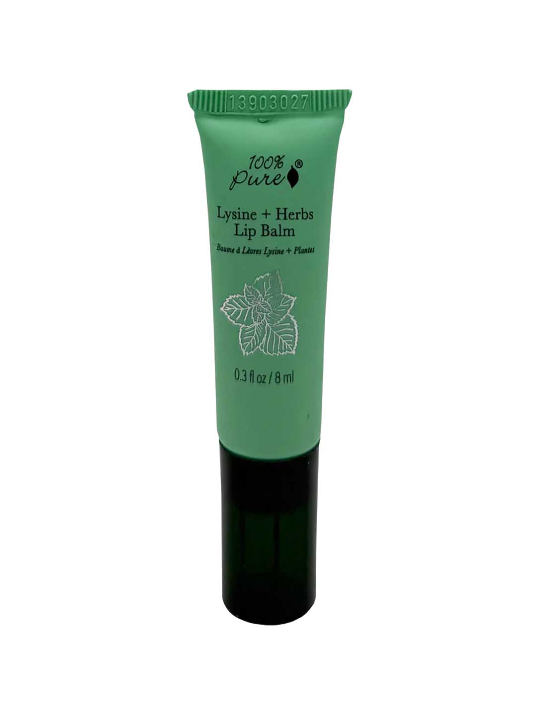 An 8ml green tube of 100% Pure Lysine + Herbs Lip Balm with a mint leaf illustration and black text on the front, shown upright on a white background. Ideal lip balm for dry lips.