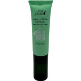 An 8ml green tube of 100% Pure Lysine + Herbs Lip Balm with a mint leaf illustration and black text on the front, shown upright on a white background. Ideal lip balm for dry lips.