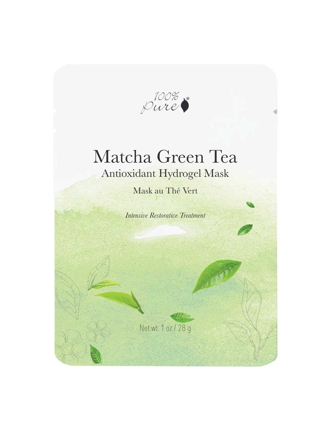 The 100% Pure Matcha Green Tea Antioxidant Hydrogel Sheet Mask 28g is a hydrating, intensive restorative treatment that comes in a packet featuring green leafy designs on a light green and white background.