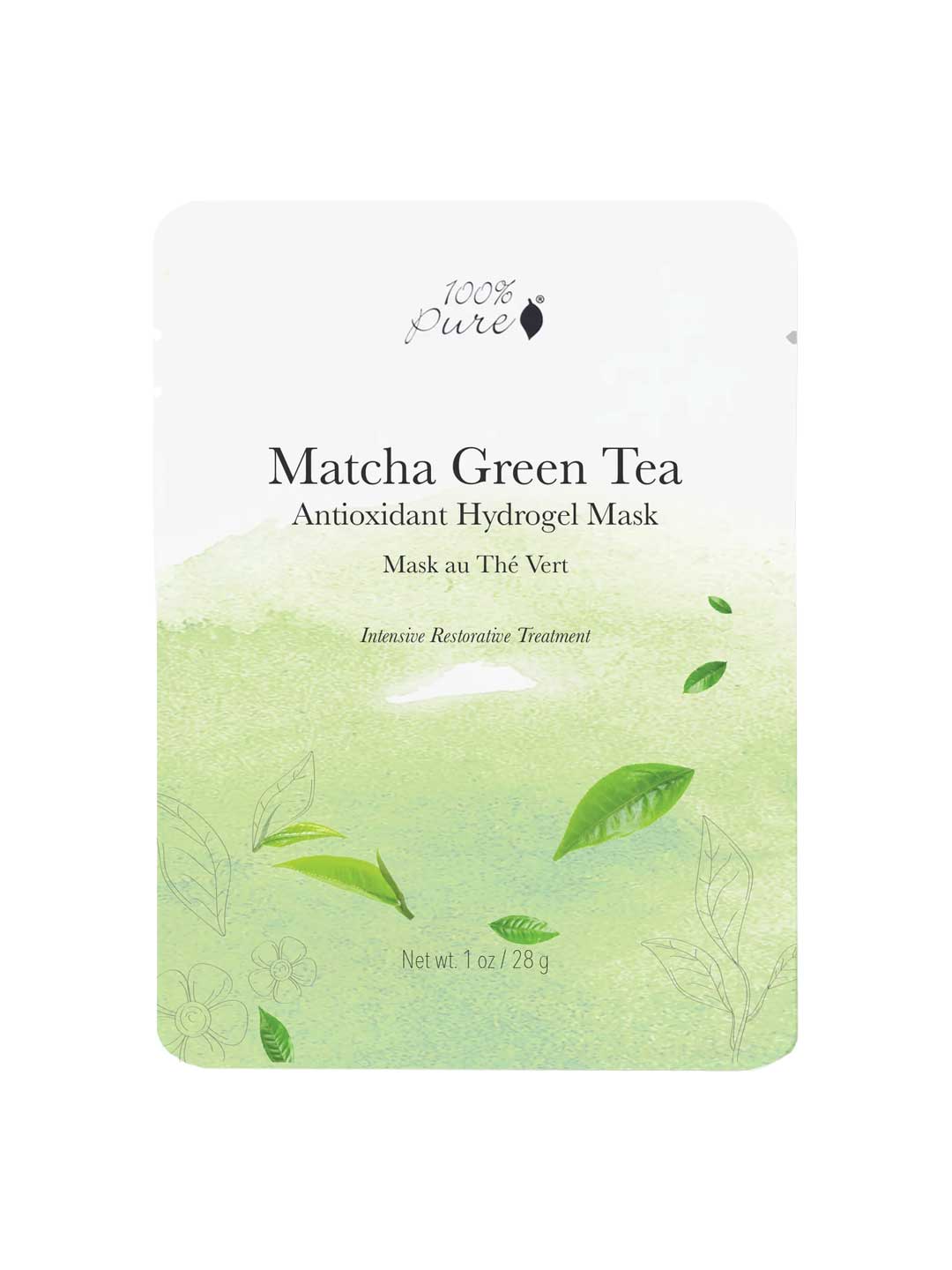 The 100% Pure Matcha Green Tea Antioxidant Hydrogel Sheet Mask 28g is a hydrating, intensive restorative treatment that comes in a packet featuring green leafy designs on a light green and white background.