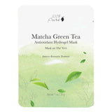 The 100% Pure Matcha Green Tea Antioxidant Hydrogel Sheet Mask 28g is a hydrating, intensive restorative treatment that comes in a packet featuring green leafy designs on a light green and white background.