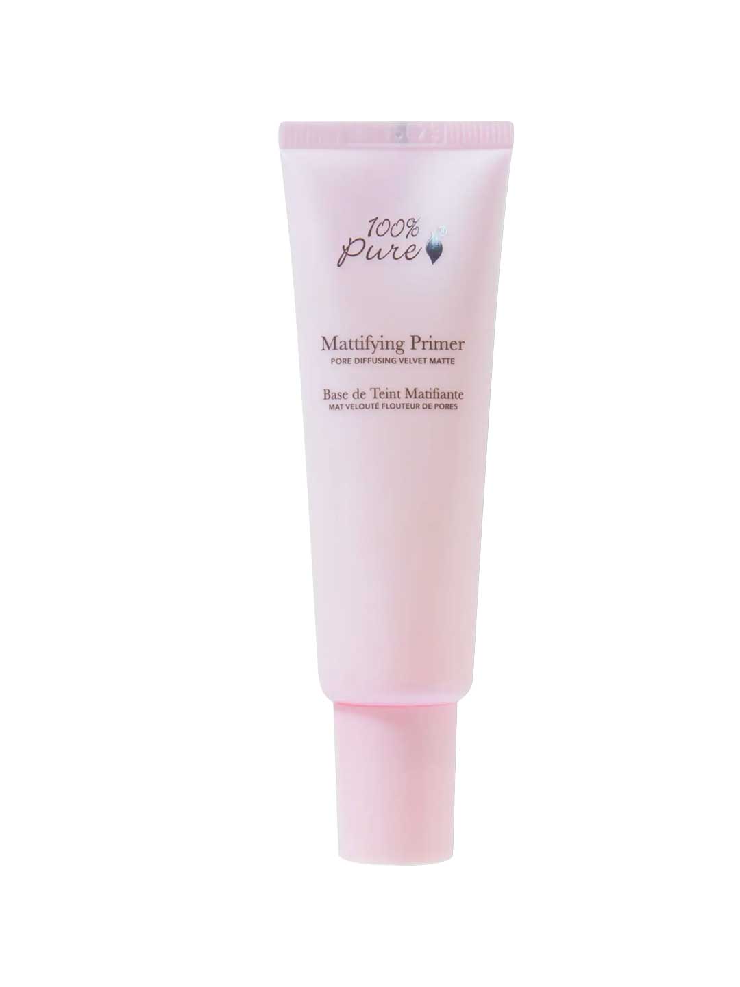A pink tube of 100% Pure Mattifying Primer 30ml stands upright against a white background; this silicone-free primer by 100% Pure offers oil control, pore-diffusing, and velvet matte benefits.