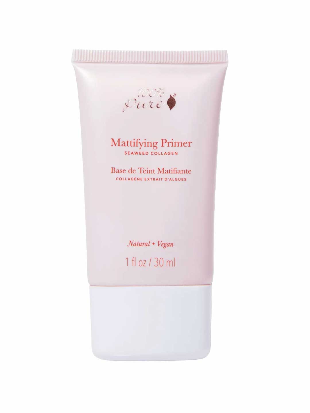 A light pink 30ml tube of 100% Pure Mattifying Primer with seaweed collagen. This silicone-free, vegan makeup primer is natural and contains 1 fl oz (30 ml), as shown on the label.