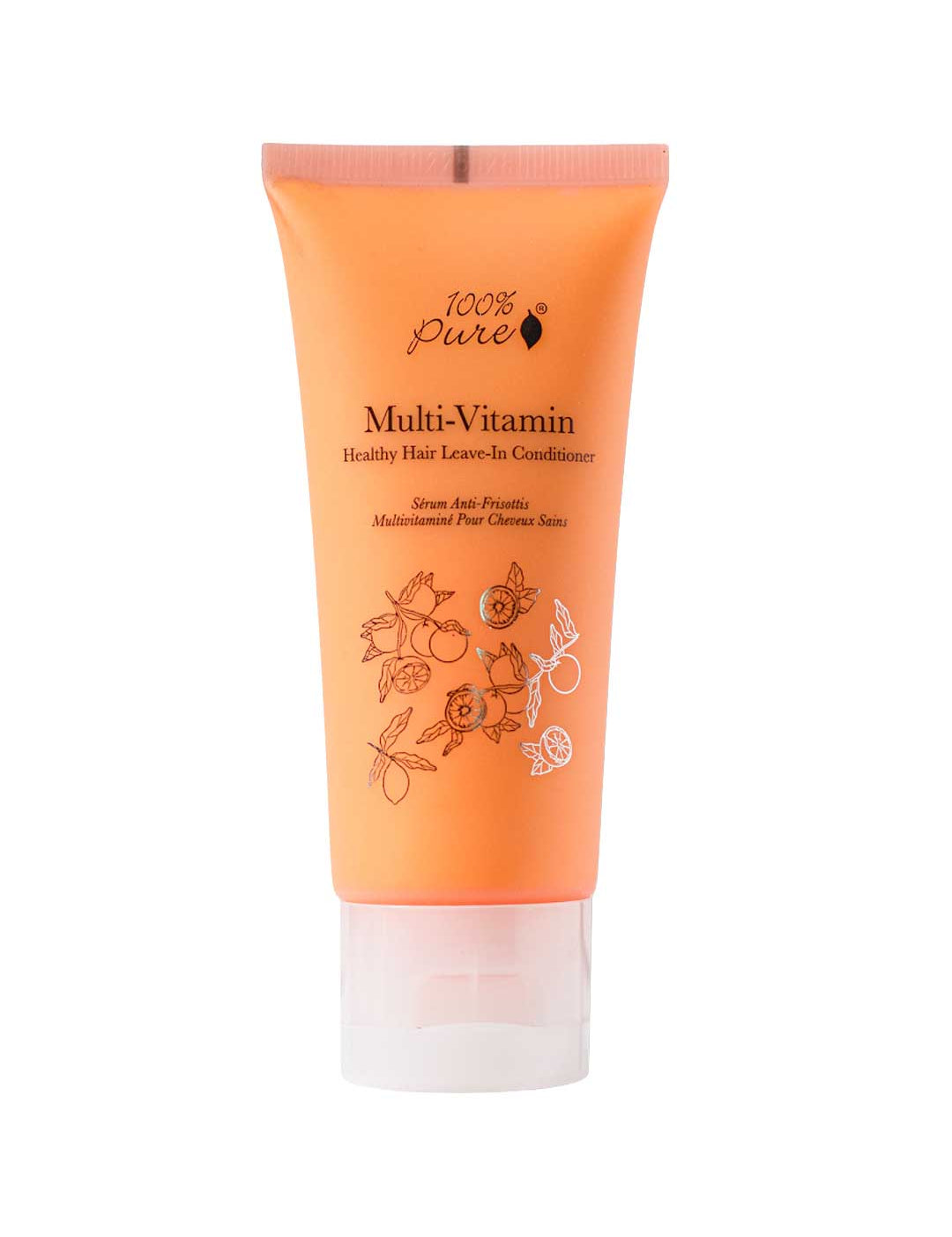 A 59ml peach-colored tube of 100% Pure Multi-Vitamin Healthy Hair Leave-In Conditioner, featuring botanical illustrations and a white cap, is displayed against a white background.
