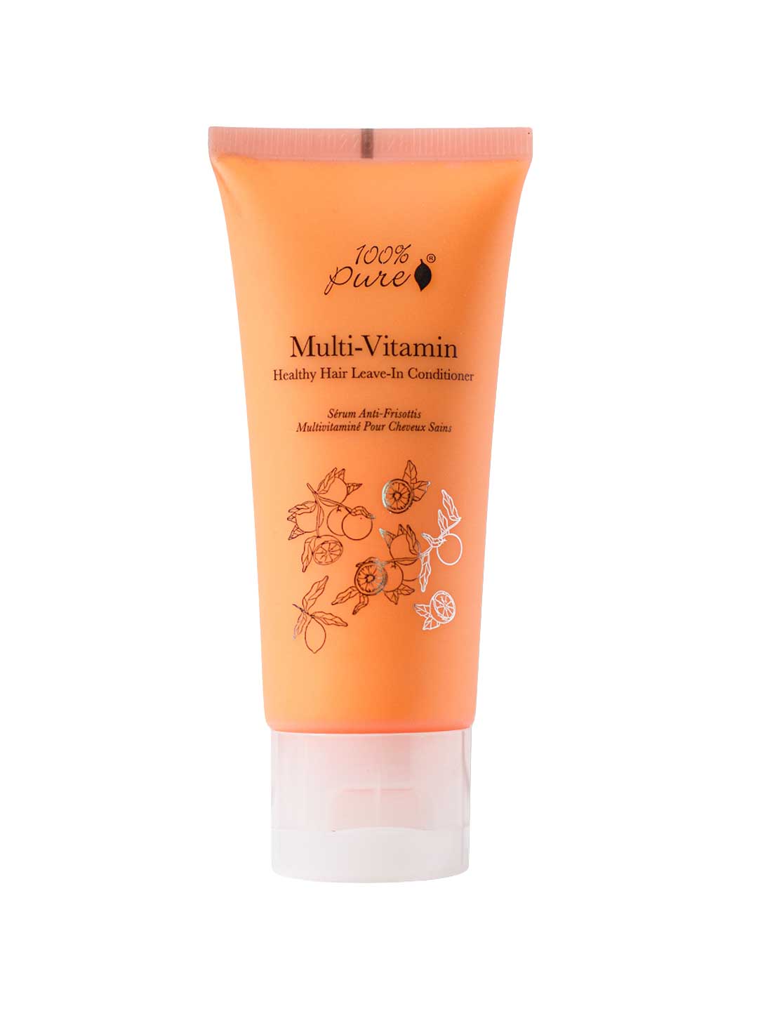 A 59ml peach-colored tube of 100% Pure Multi-Vitamin Healthy Hair Leave-In Conditioner, featuring botanical illustrations and a white cap, is displayed against a white background.