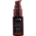 A brown pump bottle of 100% Pure Multi-Vitamin + Antioxidants PM Eye Treatment 15ml, a natural, vegan eye serum that targets dark circles and supports anti-aging for a refreshed look.