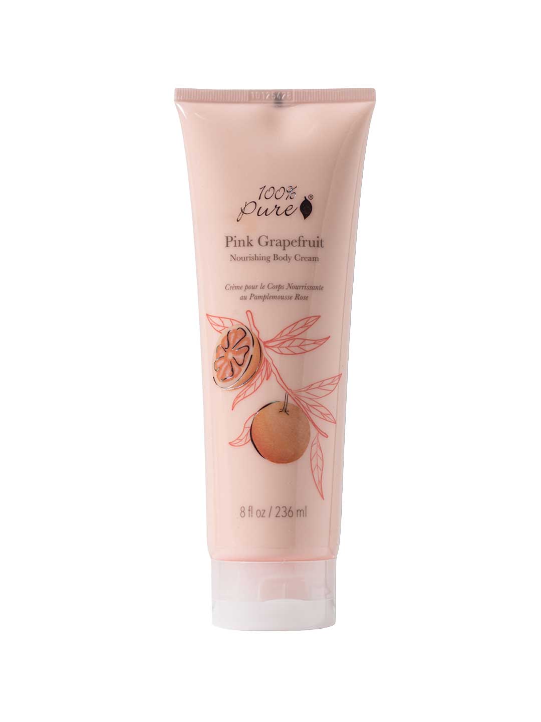 100% Pure Pink Grapefruit Nourishing Body Cream 236ml comes in a pink tube with a grapefruit illustration and minimalist design—an ultra-hydrating formula for soft, nourished skin.