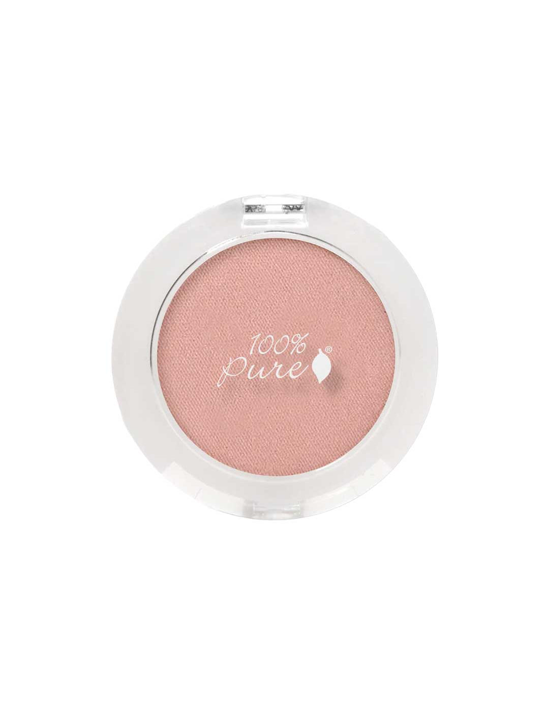 A round, pink pressed eye shadow compact with a clear lid shows "100% Pure" and a leaf logo on top. This vegan eye shadow features natural mineral shimmer. The 2g compact is viewed from above on a white background.