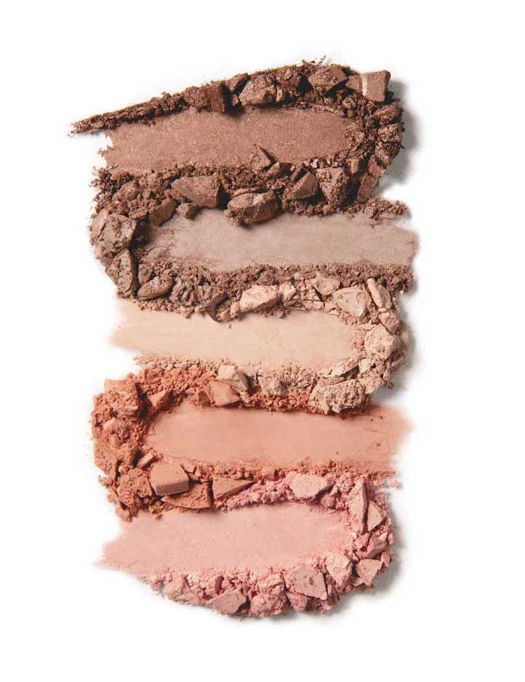 Four swatches of 100% Pure's 100% Fruit Pigmented® Pretty Naked Palette 9g, broken pressed powder in nude and brown shades, are arranged vertically on a white background, perfect for everyday makeup.