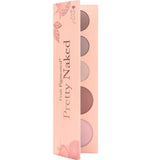 The 100% Pure Pretty Naked Palette 9g features five vegan eyeshadow shades in a pink case with fruit illustrations. Arranged vertically, the palette is slightly open to showcase its beautiful neutral colors.