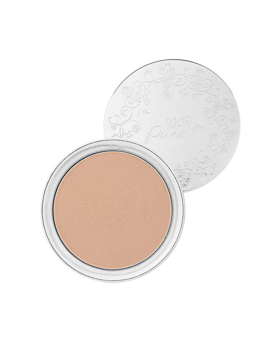 The 100% Pure Rice Powder Foundation 9g is a talc-free pressed powder in a round compact with an open silver lid, adorned with floral engravings and "100% Pure" text on both the lid and powder surface.