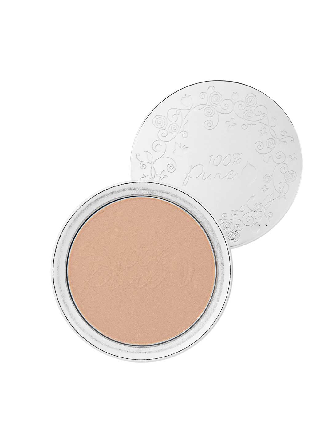 The 100% Pure Rice Powder Foundation 9g is a talc-free pressed powder in a round compact with an open silver lid, adorned with floral engravings and "100% Pure" text on both the lid and powder surface.