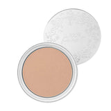 The 100% Pure Rice Powder Foundation 9g is a talc-free pressed powder in a round compact with an open silver lid, adorned with floral engravings and "100% Pure" text on both the lid and powder surface.