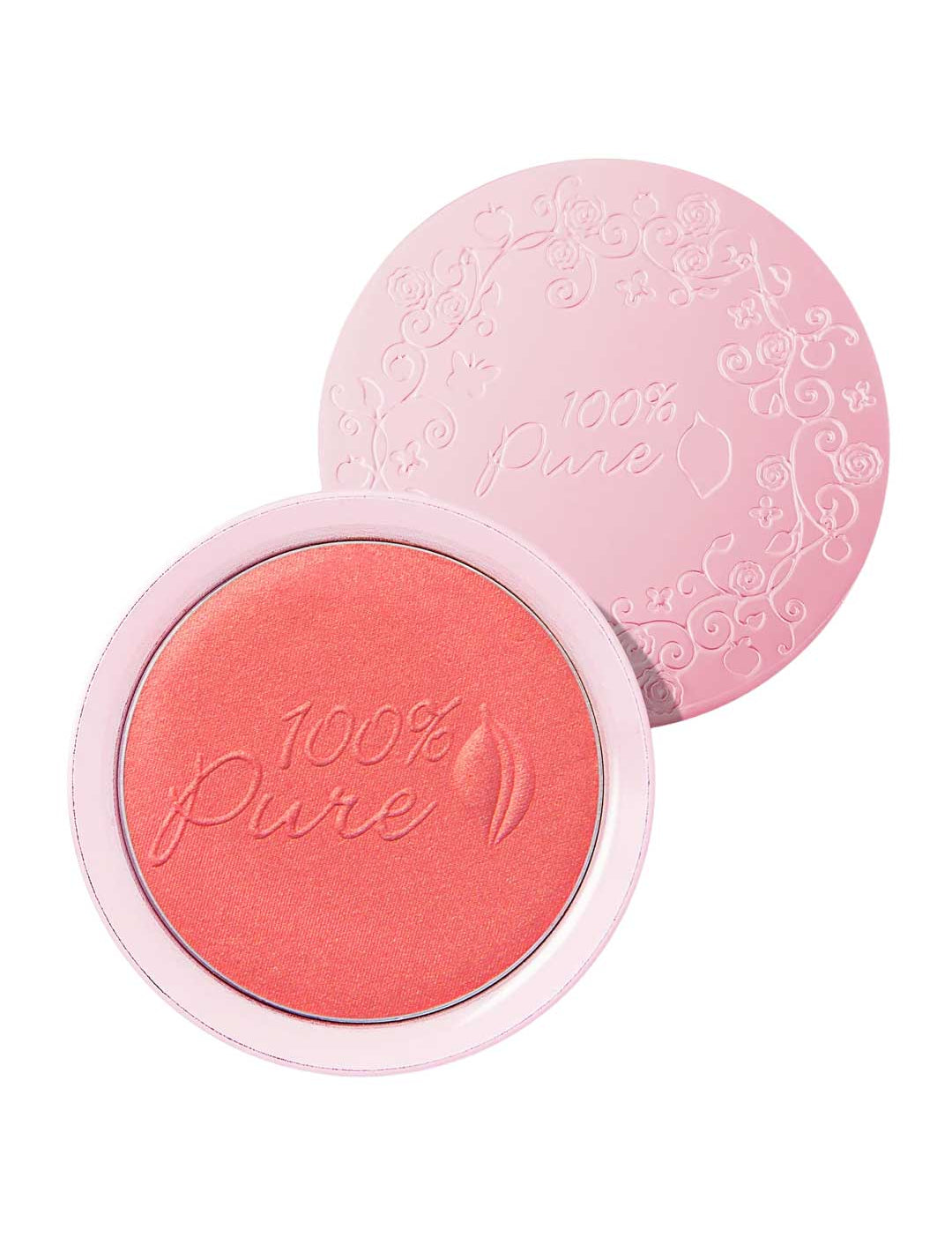 The 100% Pure Rice Powder Pressed Blush 9g is a round pink compact with "100% Pure" embossed on the powder and floral designs on the open lid, shown on a white background. Achieve a natural flush with this vegan blush.