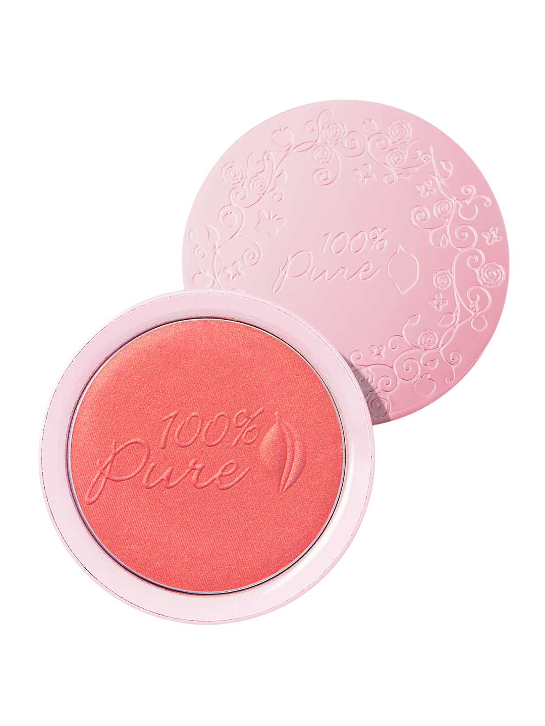 The 100% Pure Rice Powder Pressed Blush 9g is a round pink compact with "100% Pure" embossed on the powder and floral designs on the open lid, shown on a white background. Achieve a natural flush with this vegan blush.