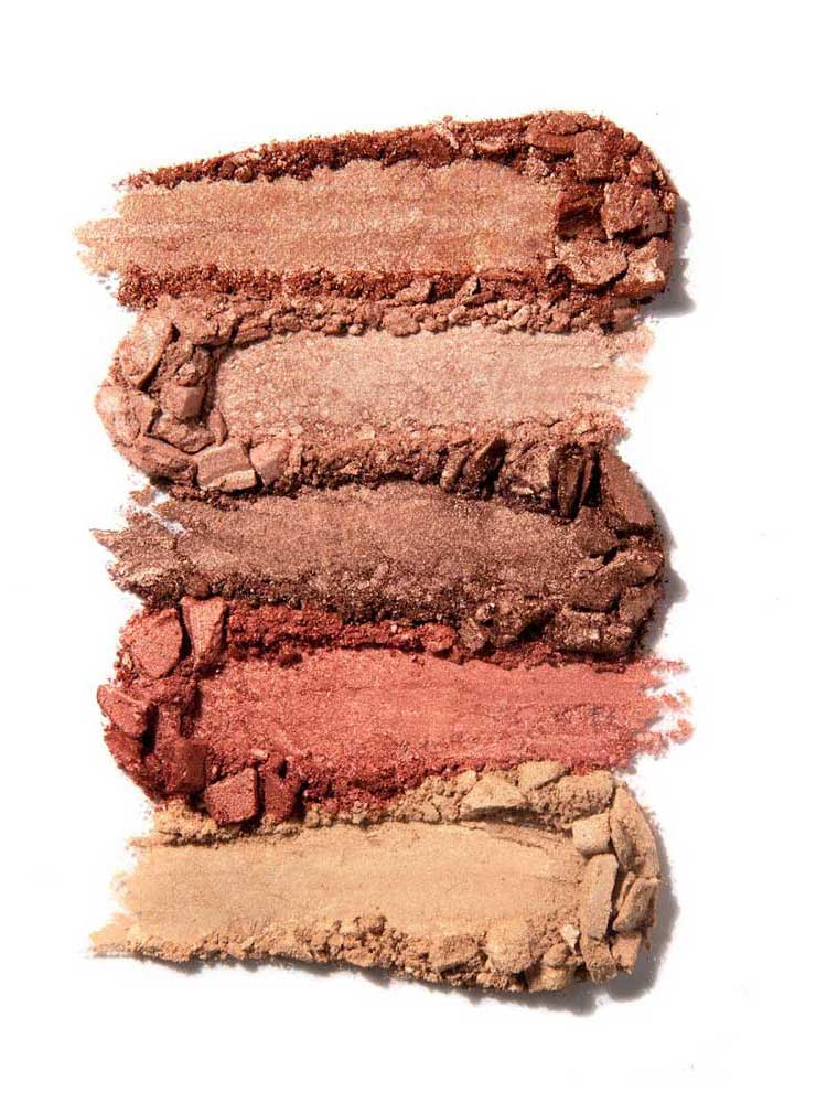 Five swatches of the 100% Pure Rose Gold Palette 9g, in brown, bronze, and rose tones, are displayed vertically on a white background. This vegan eyeshadow offers matte and shimmery finishes for long-lasting wear.