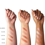 Three raised arms with varying skin tones show off five shimmery shades—Glimmer, Gleam, Luster, Primp, and Prism—from the 100% Pure Rose Gold Palette 9g, highlighting color variety and lasting wear on every complexion.