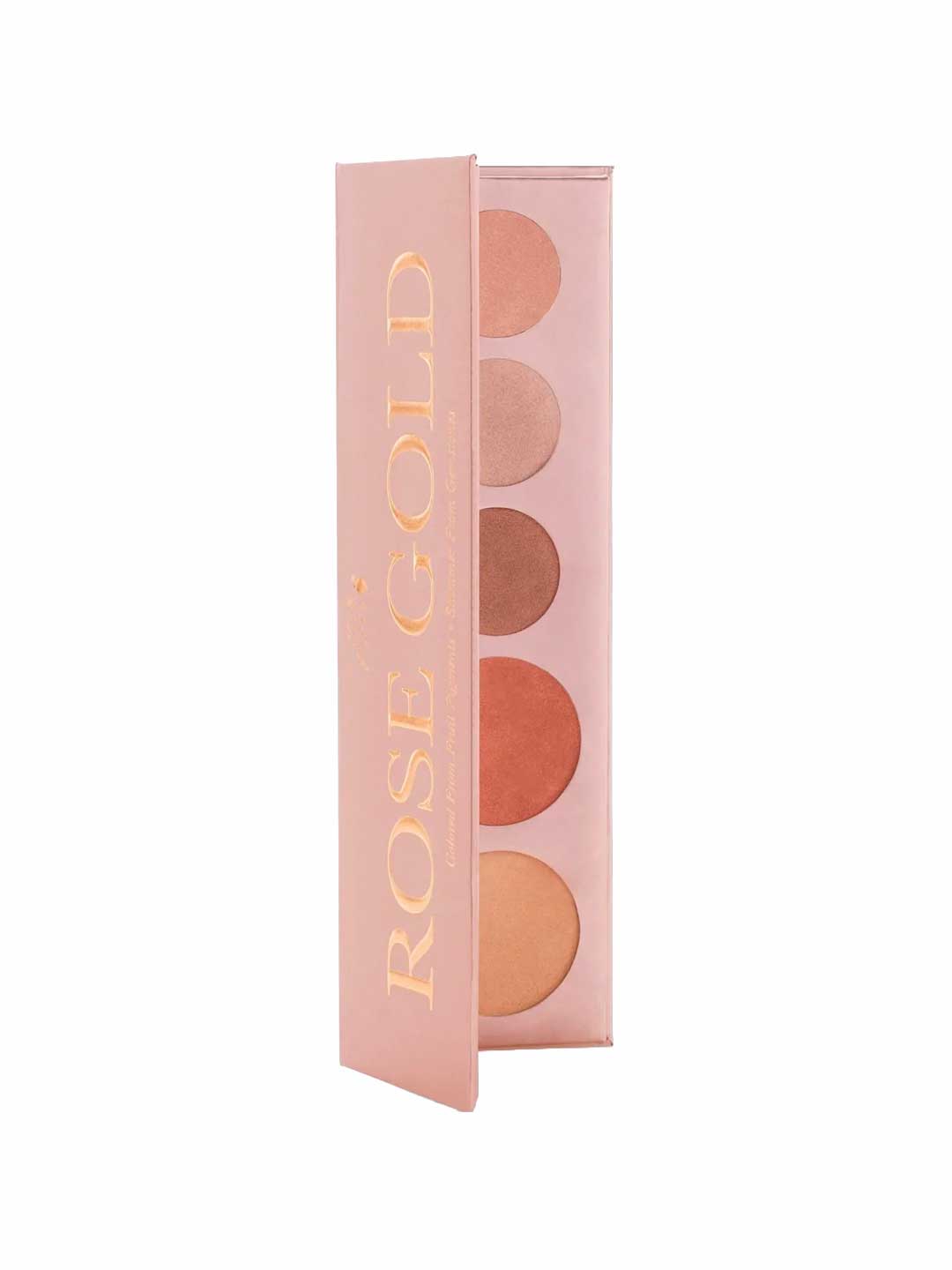 The 100% Pure Rose Gold Palette 9g features four round pans of shimmery, vegan nude and bronze eyeshadows, in a rose gold compact with the lid partly open to reveal the long-lasting hues.