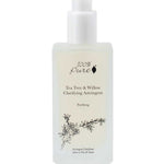 100% Pure Tea Tree & Willow Clarifying Astringent 118ml features a white pump and black floral design, formulated to purify and clarify acne-prone skin with potent tea tree oil.