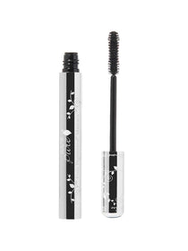 A silver tube of 100% Pure Ultra Lengthening Mascara 10g, featuring a floral design and shown upright with its black wand applicator removed. Ideal for sensitive eyes and made with fruit pigments.