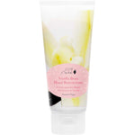 A 57g tube of 100% Pure Vanilla Bean Buttercream Hand Cream with a pink label and white cap features English and French details, emphasizing its deeply moisturizing, natural, and vegan formula.