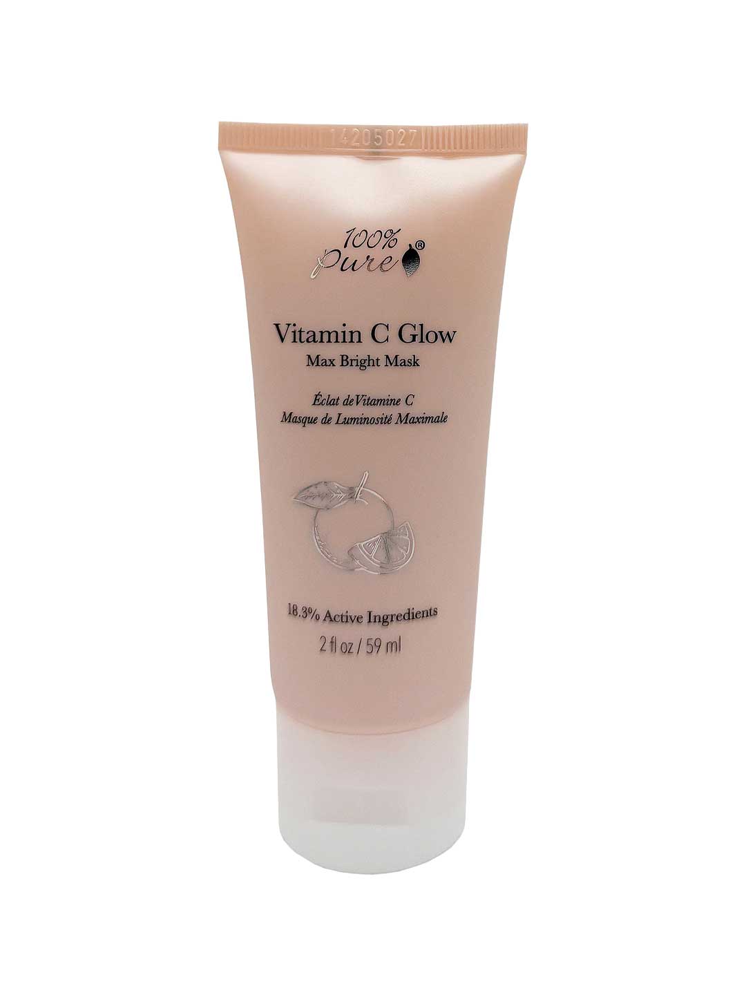 The 100% Pure Vitamin C Glow Max Bright Mask 59ml features 18.3% active ingredients, comes in a beige tube with citrus slice sketches, and promises a luminous glow with every brightening treatment.