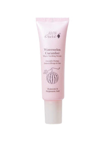 A pink tube of 100% Pure Watermelon Cucumber Water Locking Serum 30ml, with hyaluronic and polyglutamic acid, featuring a line drawing of a watermelon on the front.