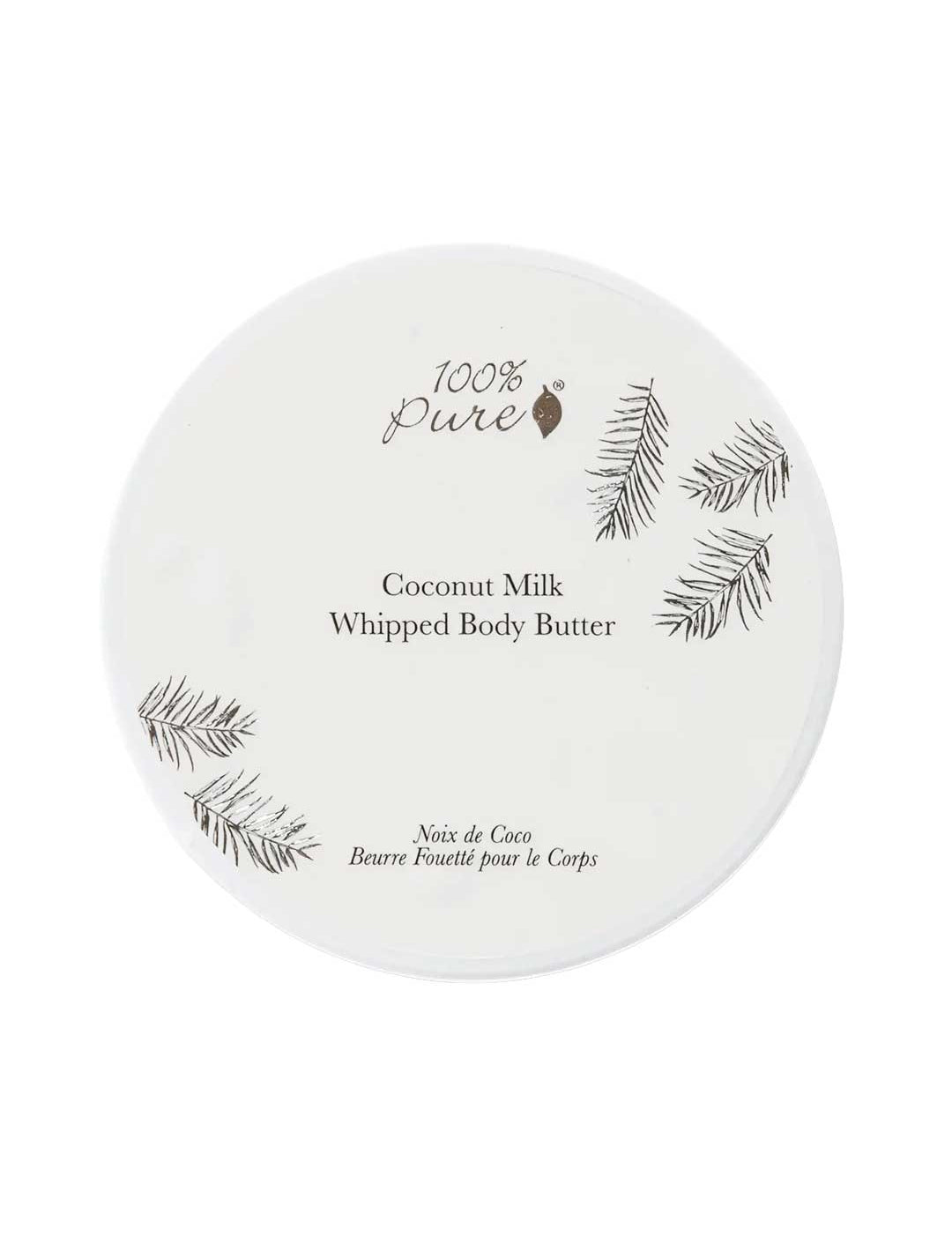 Round white tub of 100% Pure Coconut Whipped Body Butter, viewed from above. Black palm-frond drawings decorate the lid around the words Coconut Milk Whipped Body Butter.