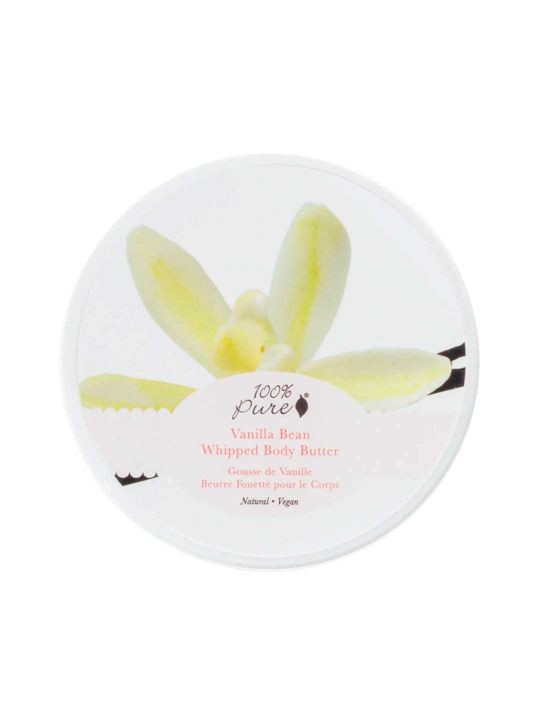 Round white tub of 100% Pure Vanilla Bean Whipped Body Butter, viewed from above. A large pale yellow flower and dark vanilla pods decorate the lid, with Vanilla Bean printed below the logo.