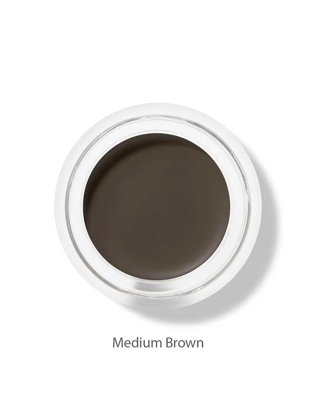 A top view of the 100% Pure Long Last Brows 4.5g by 100% Pure, a small round container filled with medium brown natural brow gel, labeled "Medium Brown" on a white background.