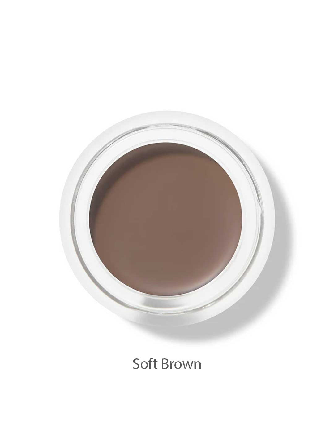 A round 100% Pure Long Last Brows 4.5g container with soft brown cream is shown from above, labeled Soft Brown. This vegan formula by 100% Pure also works as a natural brow gel for an effortless, long-lasting look.