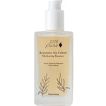 A clear pump bottle labeled 100% Pure Restorative Sea Culture Hydrating Toner 100ml, featuring botanical designs and light yellow liquid—this seaweed-based toner by 100% Pure deeply hydrates and replenishes skin.