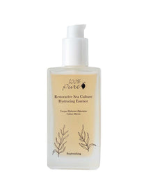 A clear pump bottle labeled 100% Pure Restorative Sea Culture Hydrating Toner 100ml, featuring botanical designs and light yellow liquid—this seaweed-based toner by 100% Pure deeply hydrates and replenishes skin.
