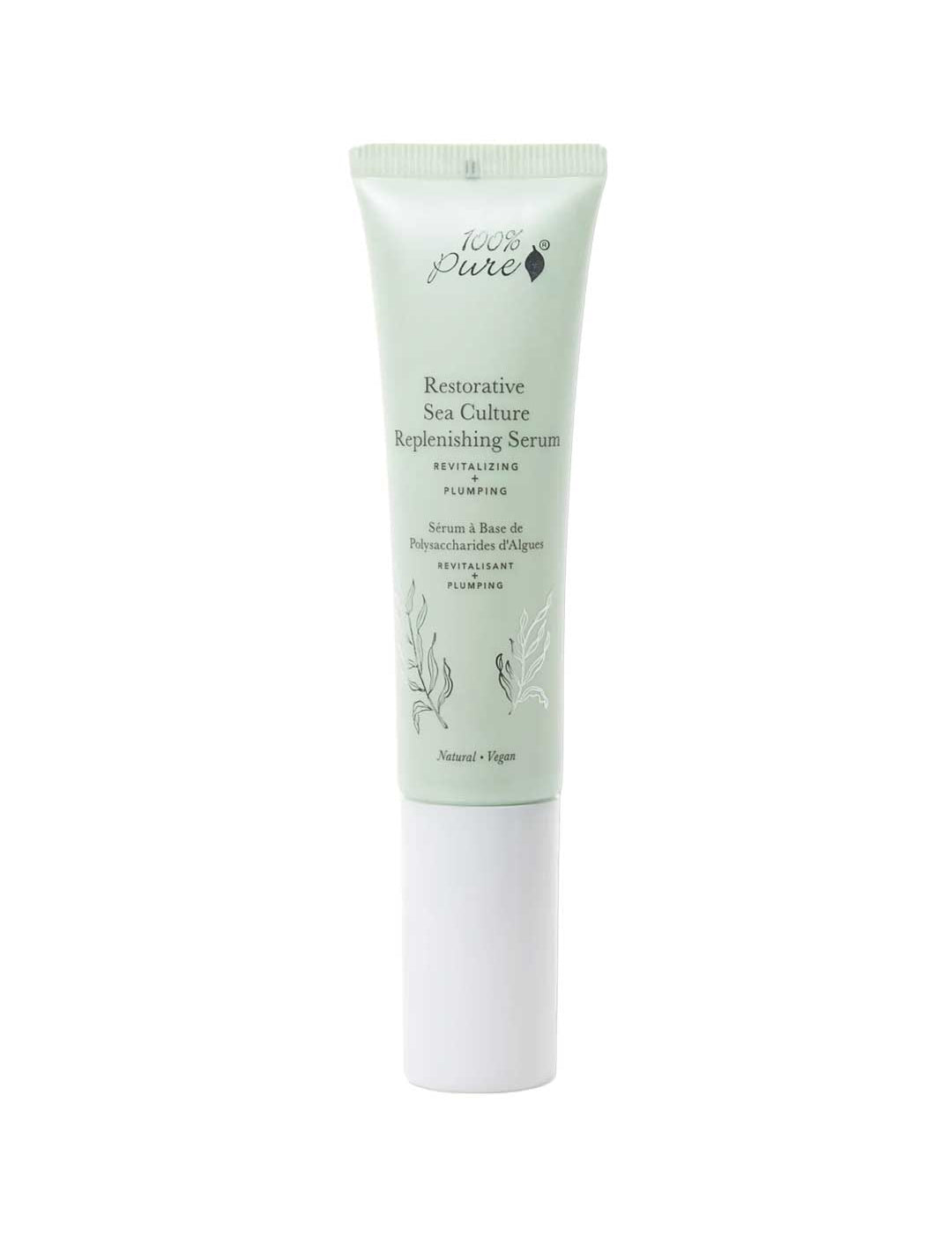 A light green 30ml tube of 100% Pure Restorative Sea Culture Replenishing Serum with a white cap and minimal black text. Enriched with seaweed polysaccharides for hydrating, dewy skin.