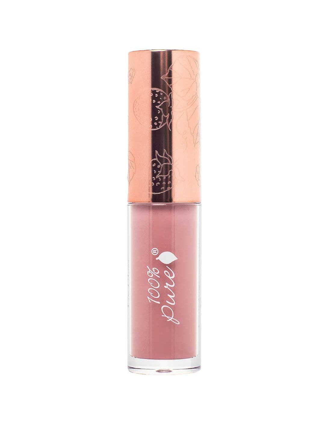 A tube of 100% Pure Lip Gloss with a rose gold cap, botanical design, and clear body revealing pink-mauve gloss, enriched with vitamin E and pomegranate oil for nourishment.