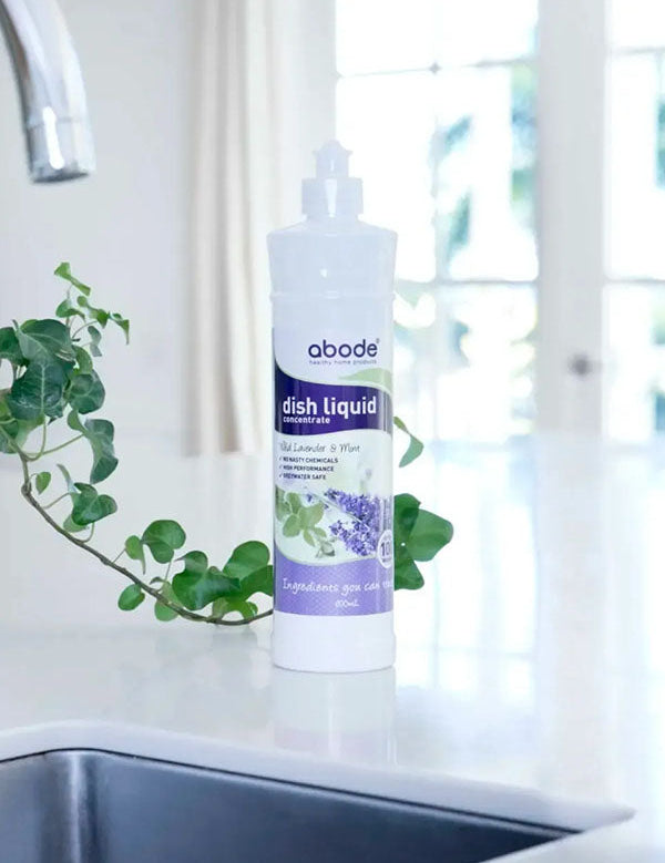 Abode Dishwashing Liquid Lavender and Mint bottle on a kitchen bench beside the sink with trailing ivy
