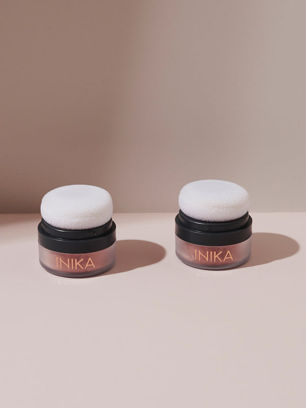Lifestyle photo of INIKA Organic Mineral Blush Puff Pot in Rosy Glow