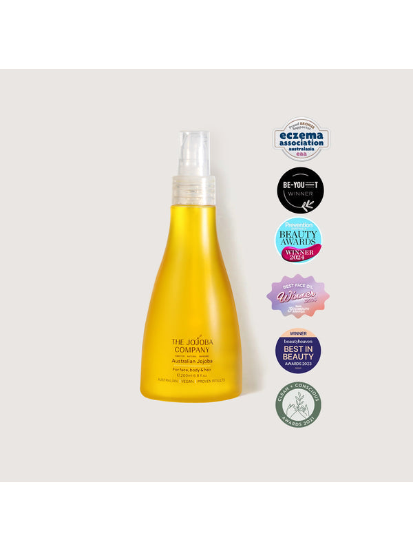 The Jojoba Company Australian Jojoba 200ml pump bottle with award badges