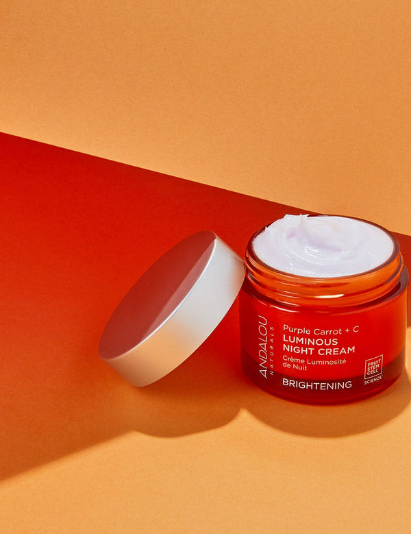Andalou Brightening Purple Carrot + Vitamin C Luminous Night Cream styled product shot