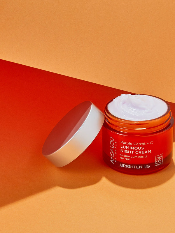 Andalou Brightening Purple Carrot + Vitamin C Luminous Night Cream styled product shot