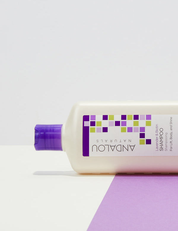 Andalou Naturals Full Volume Lavender & Biotin Shampoo styled with lavender