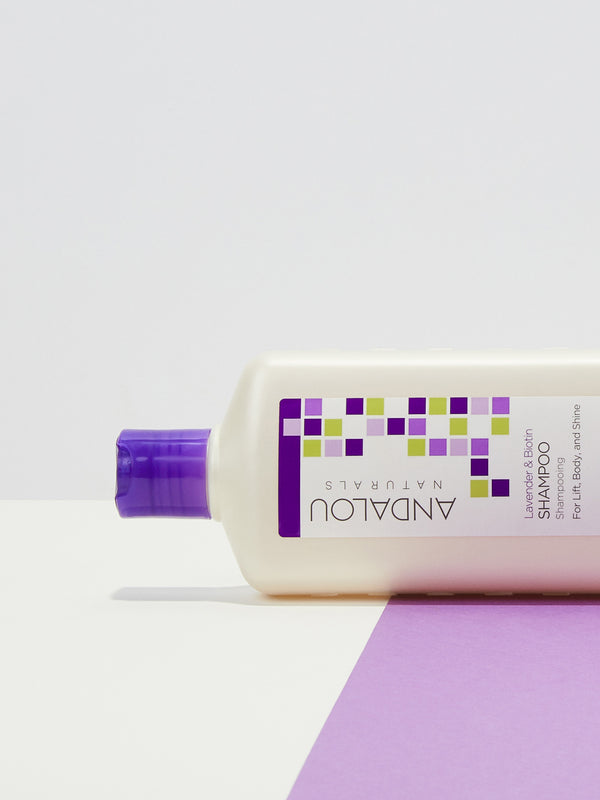 Andalou Naturals Full Volume Lavender & Biotin Shampoo styled with lavender