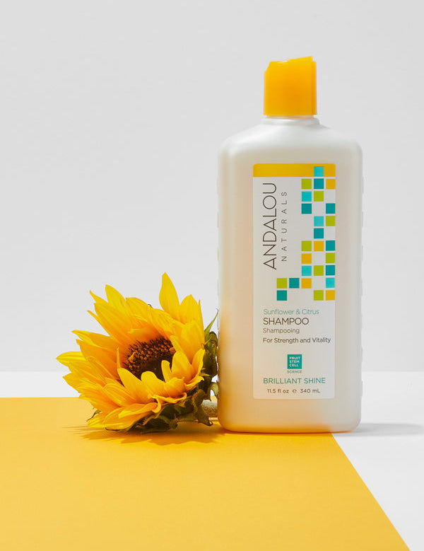 Andalou Naturals Brilliant Shine Sunflower & Citrus Shampoo styled with sunflower