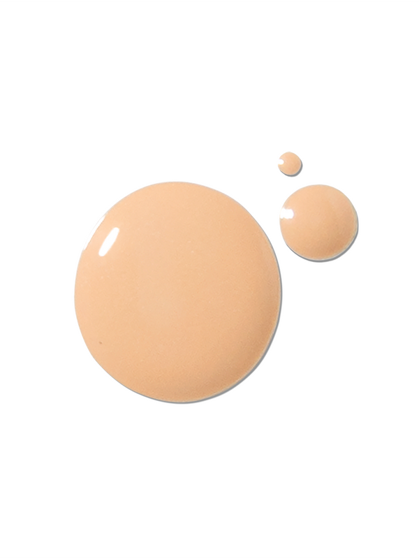 A peach-beige 100% Pure 2nd Skin Serum Foundation swatch forms one large glossy circle, with two smaller round drops above and to the right.