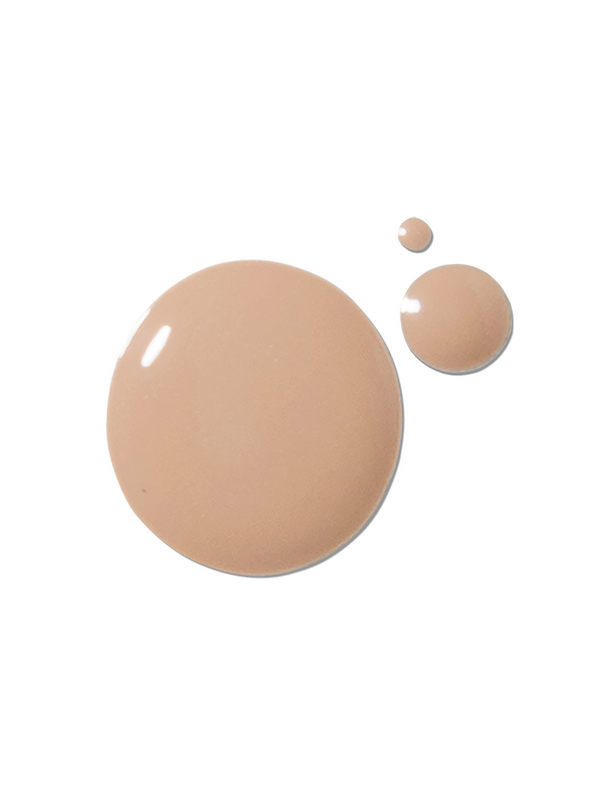 A tan 100% Pure 2nd Skin Serum Foundation swatch forms one large glossy circle beside two smaller round drops on white.