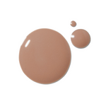 A medium-brown 100% Pure 2nd Skin Serum Foundation swatch forms one large glossy circle beside two smaller round drops on white.