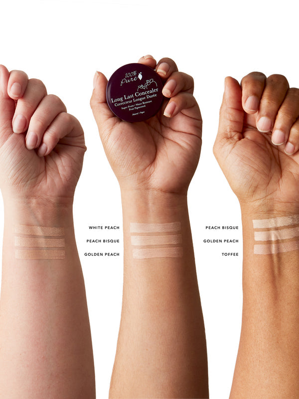 Three forearms with light, medium and dark skin each show three beige to tan concealer stripes. Labels identify White Peach, Peach Bisque, Golden Peach and Toffee. The middle hand holds a Long Last Concealer pot with a burgundy lid.
