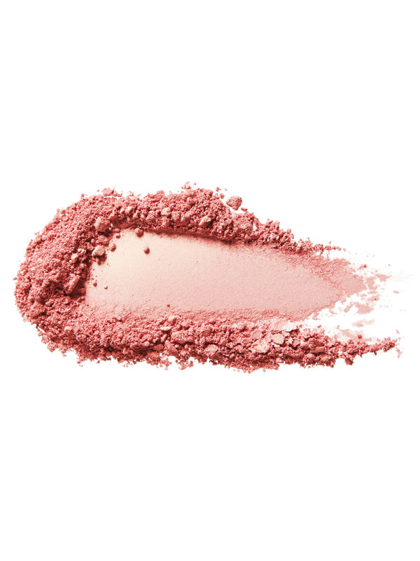 A swatch of Pink Gold Taffeta luminiser with a pale pink, shimmering centre surrounded by loose rosy pink powder on white.