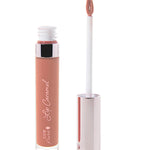 100% Pure Lip Caramel in Butterchew: an open clear tube of warm rose-brown liquid lipstick beside a white applicator wand with a reflective silver-pink cap and a tip coated in the same shade.