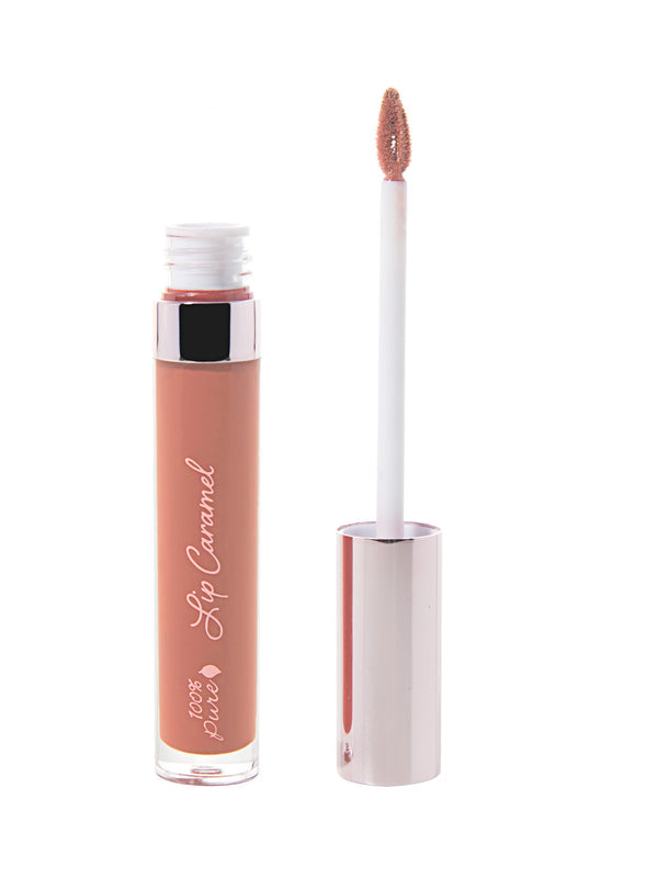 100% Pure Lip Caramel in Butterchew: an open clear tube of warm rose-brown liquid lipstick beside a white applicator wand with a reflective silver-pink cap and a tip coated in the same shade.